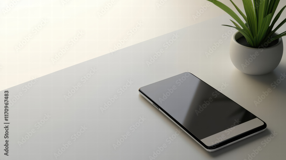 Aufkleber sleek smartphone with customizable interface rests on minimalist desk beside small potted plant, cre