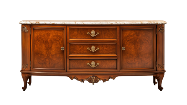Ornate Victorian sideboard featuring polished mahogany and elegant marble top with brass accents