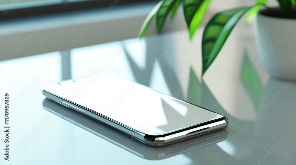 Aufkleber sleek smartphone with customizable interface rests on reflective surface, surrounded by greenery, cr