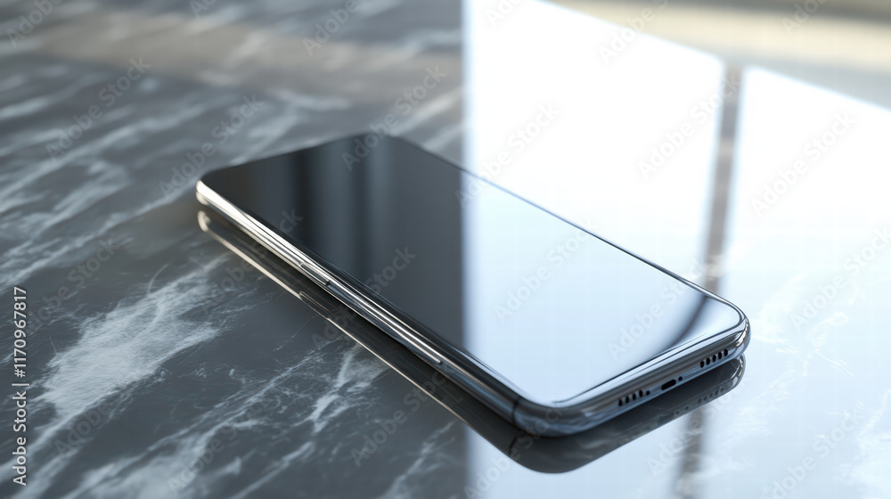 Aufkleber sleek smartphone resting on polished marble surface, showcasing its modern design and reflective scr