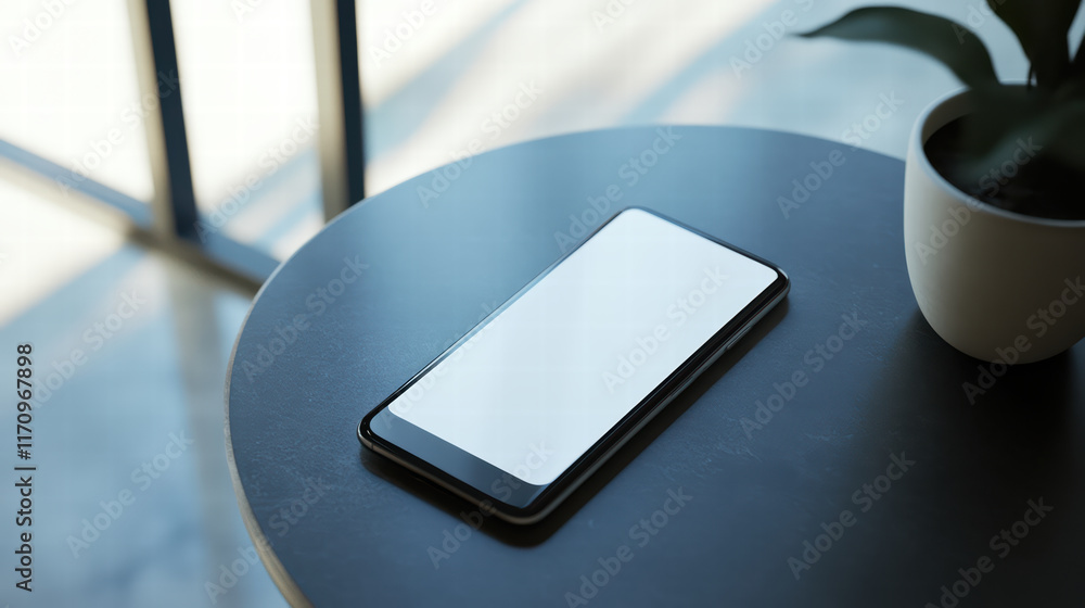 Poster sleek smartphone with customizable display rests on modern table, surrounded by natural light and po