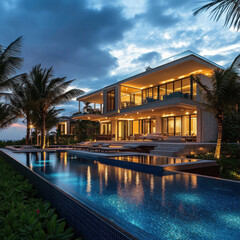 Fototapeta premium Luxurious beachfront villa at dusk with infinity pool.