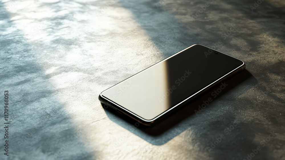 Aufkleber sleek smartphone rests on textured surface, illuminated by soft light, showcasing its modern design 