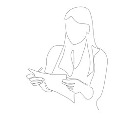 Woman Holding Paper Document in Continuous Line Art Minimalist Businesswoman Illustration. Businesswoman minimalist black linear sketch isolated on white background. Vector illustration.