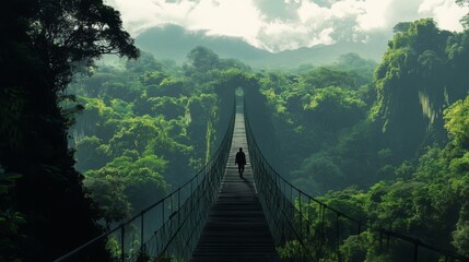 Fototapeta premium Person walking on a suspension bridge through a lush green jungle.