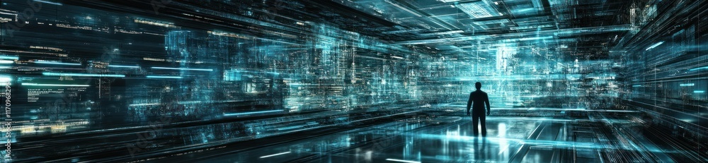 Aufkleber a lone figure stands in a futuristic digital tunnel, surrounded by flowing data streams.
