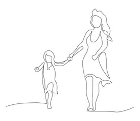 Happy Mom and Daughter Holding Hands Continuous Line Art Sketch. Black linear sketch isolated on white background. Mother and daughter holding hands spinning around.