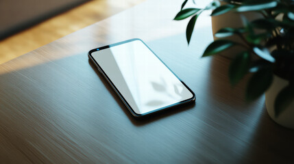 sleek smartphone rests on wooden table, surrounded by greenery, showcasing its minimalist design and customizable skins. soft lighting creates calm atmosphere