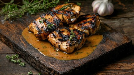 Grilled chicken pieces drenched in gravy, isolated on a weathered chopping block with garlic and herbs