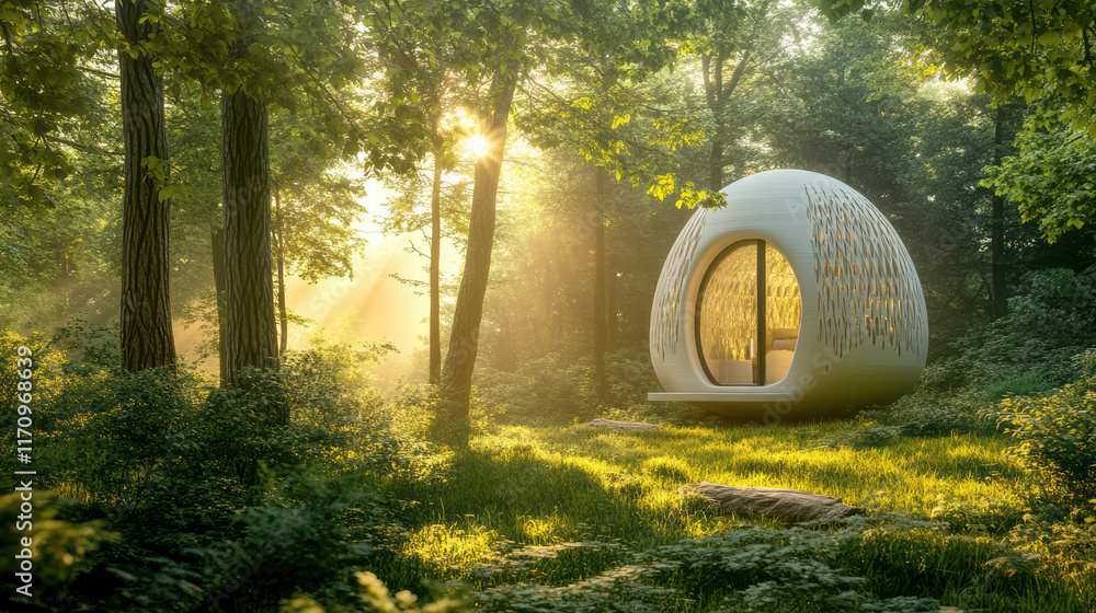 Poster modern 3d printed house nestled in lush forest, surrounded by greenery and sunlight filtering throug