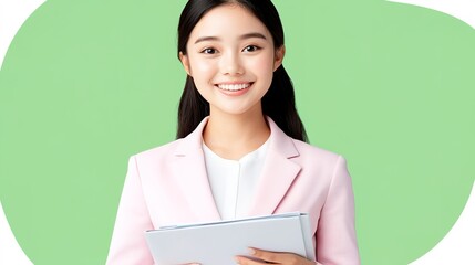 Obraz premium Professional Young Woman Smiling with Clipboard on Green Background