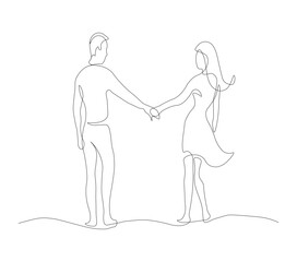 Romantic Couple Walking Hand in Hand – Continuous Line Art Illustration. Loving man and woman. Romantic date. Black linear sketch isolated on white background. Vector illustration.