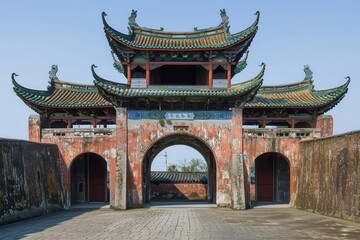 Fototapeta premium A traditional Asian architectural structure featuring ornate roofs and weathered walls.