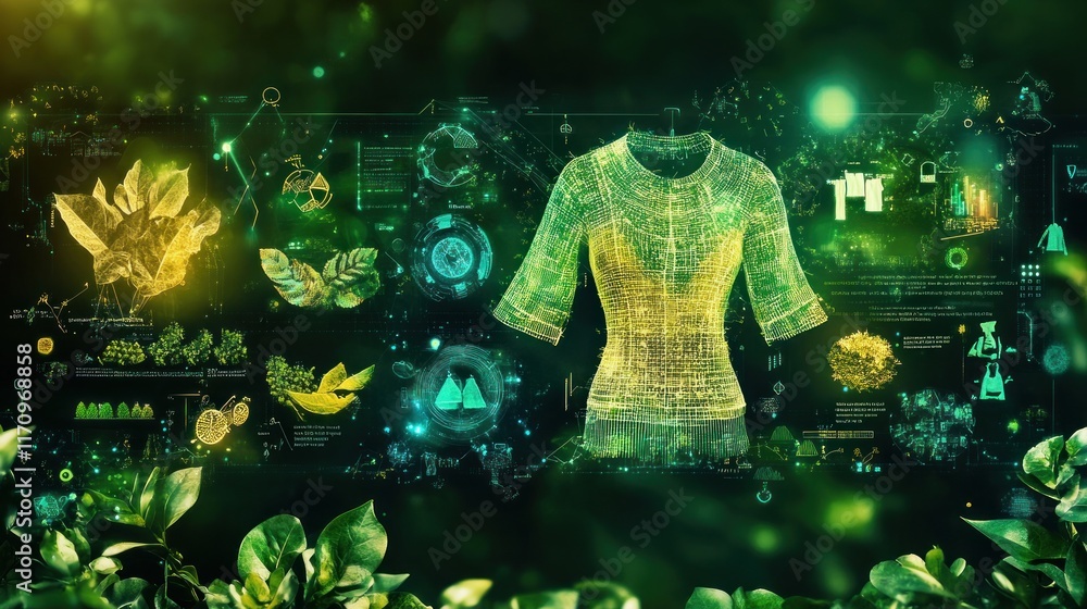 Aufkleber Holographic garment design displayed with technological interface and nature elements.