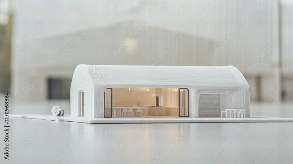 Poster modern 3d printed house model featuring spacious garage and minimalist design. structure showcases i