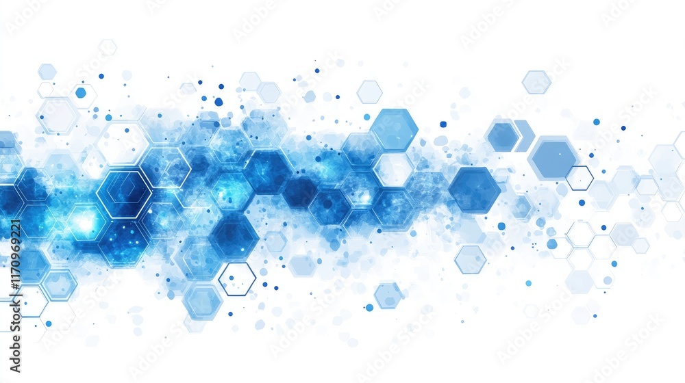 Aufkleber ai-created futuristic design of blue-glowing hexagons in a 3d pattern, set against a sharp white bac
