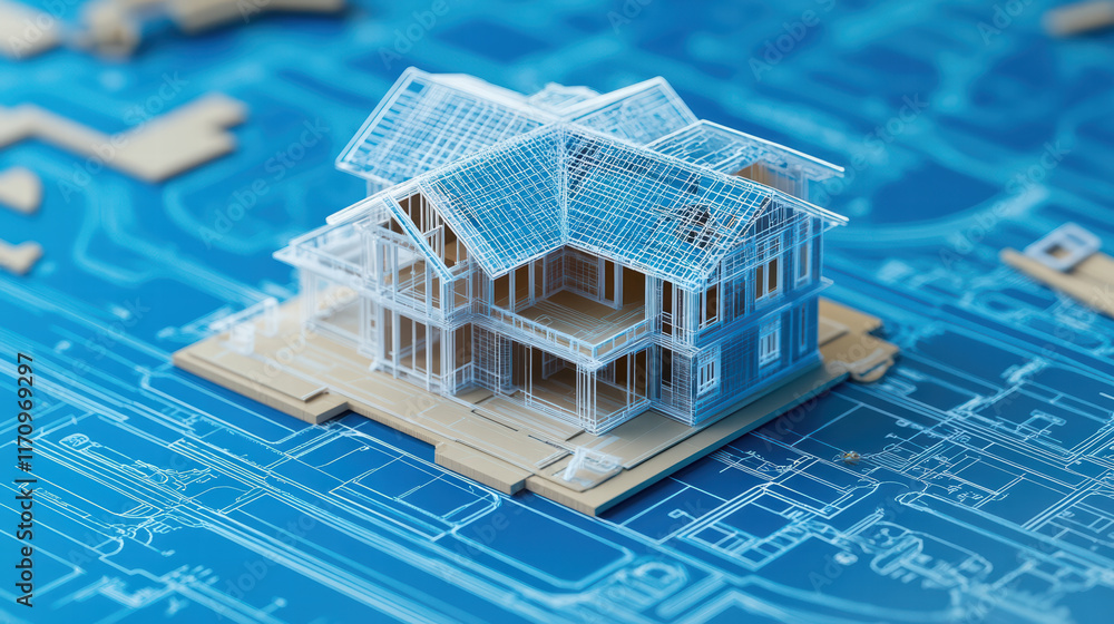 Poster 3d printed house blueprint showcasing intricate architectural details and design elements. overlayin