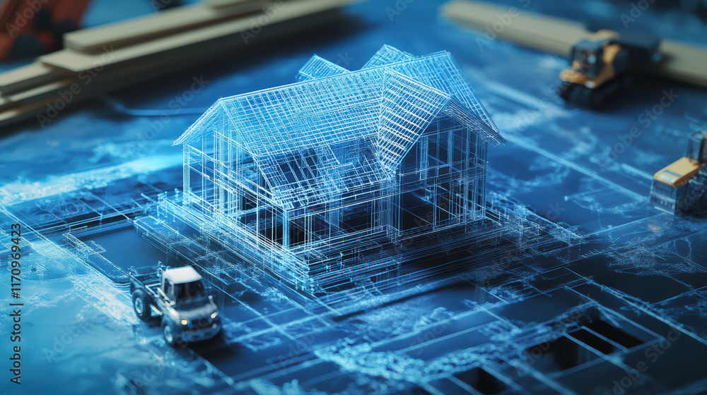 Poster blueprint of 3d printed house with construction elements, showcasing innovative design and technolog