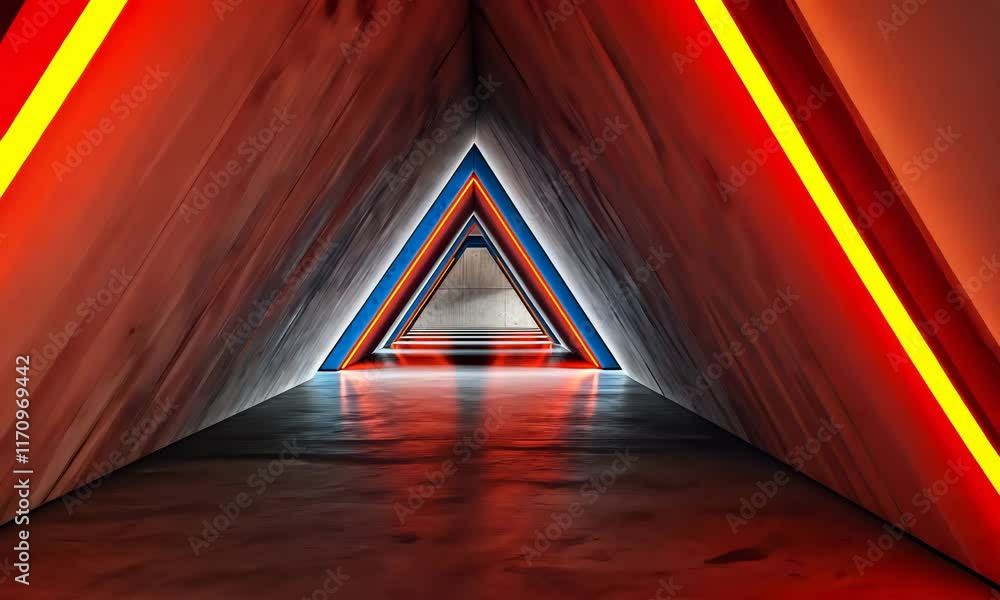 Poster illuminated triangular tunnel with neon lights