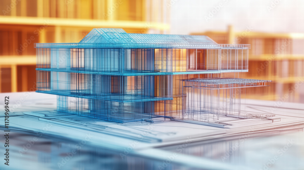 Poster blueprint of 3d printed house showcases innovative architecture and design. transparent structure hi