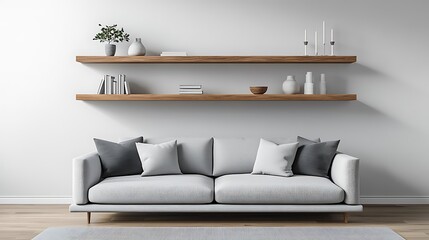 3D-rendered living room with a sleek modern sofa, floating shelves, and simple décor.