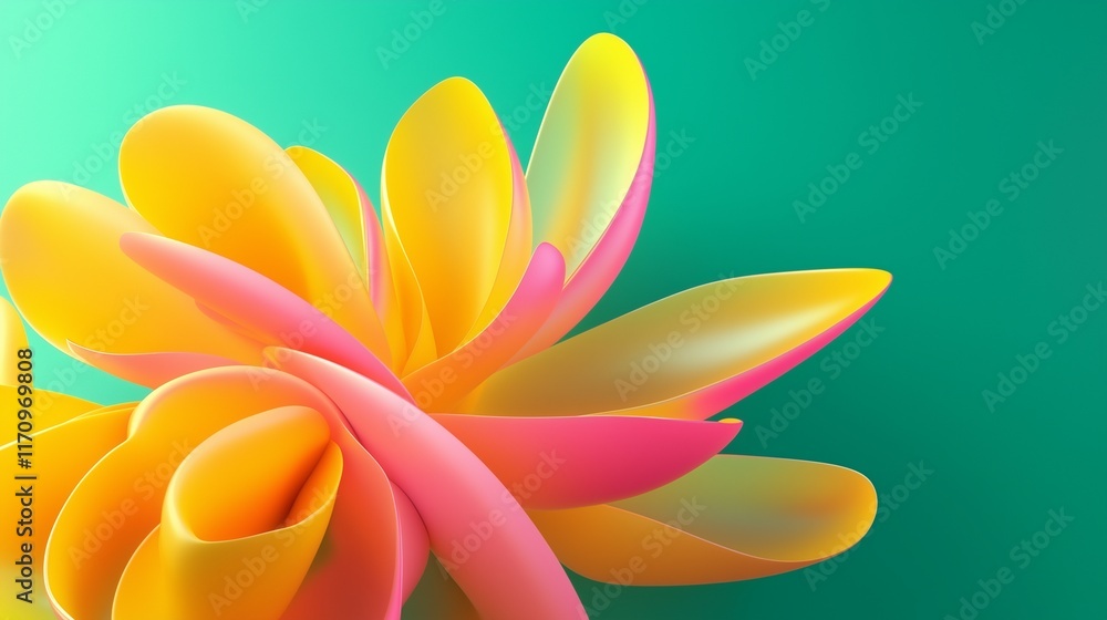 Poster 3d rendering of radiant yellow and pink abstract shapes on a high contrast green background. the des