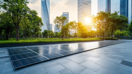 Urban Plaza with Solar Panels and Cityscape Background