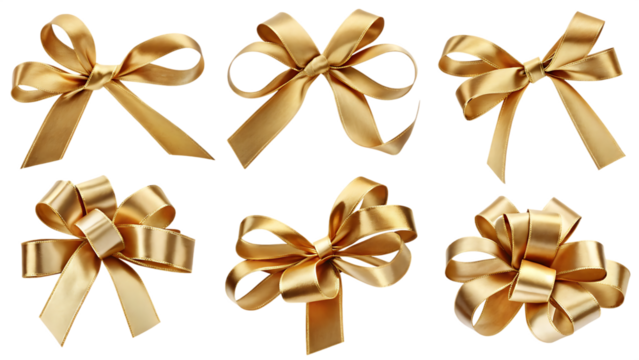 set of golden bows isolated on white background PNG.AI GENERATED