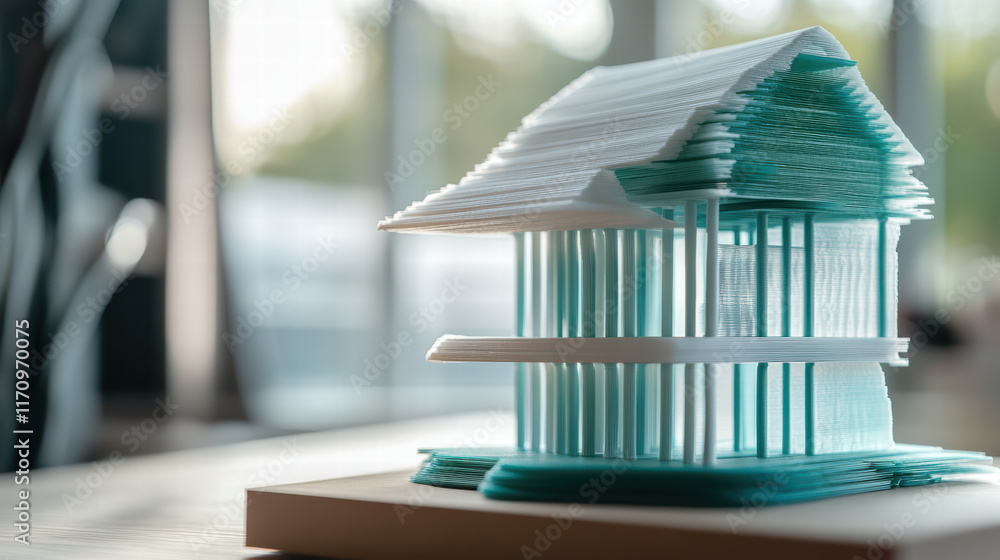 Poster close up of 3d printer creating layered model of house, showcasing intricate details and materials. 