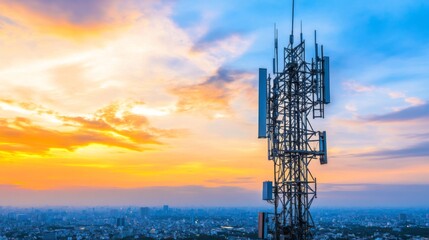 Urban Sunset with Fiber Optics Infrastructure