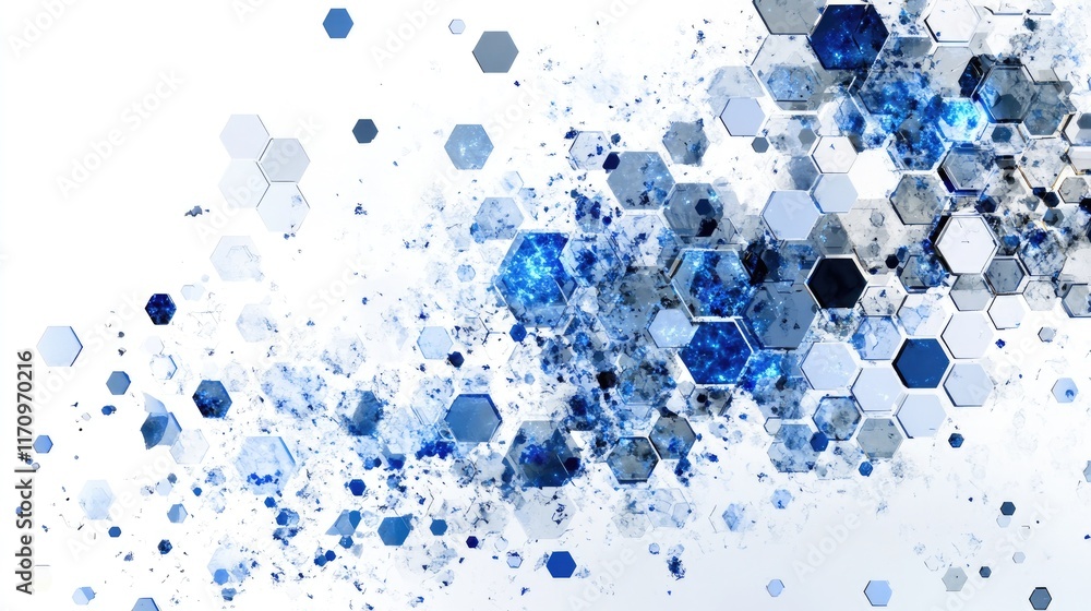Poster ai-rendered abstract hexagonal pattern with bright blue energy flashes, representing advanced techno
