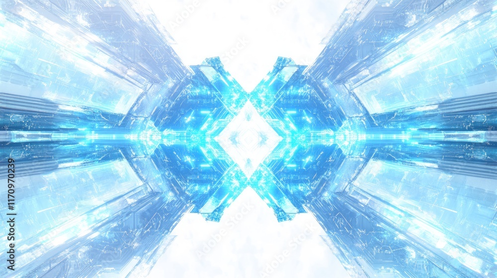 Poster ai-rendered abstract hexagonal pattern with bright blue energy flashes, representing advanced techno