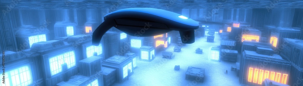 Poster a futuristic underwater scene featuring a sleek vehicle navigating through illuminated structures.