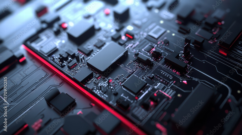 Poster close up view of intricate electronic circuit board components, showcasing detailed patterns and con
