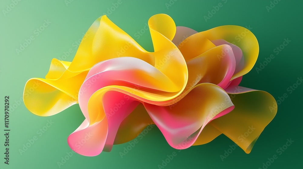 Poster 3d rendering of radiant yellow and pink abstract shapes on a high contrast green background. the des
