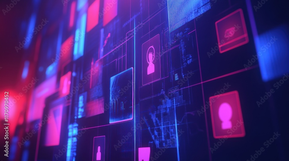 Poster Abstract digital interface with glowing icons and data streams on a dark background.