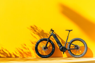 Black Electric Mountain Bike with Dramatic Shadows on Yellow Background