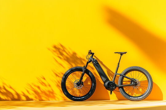 Black Electric Mountain Bike with Dramatic Shadows on Yellow Background
