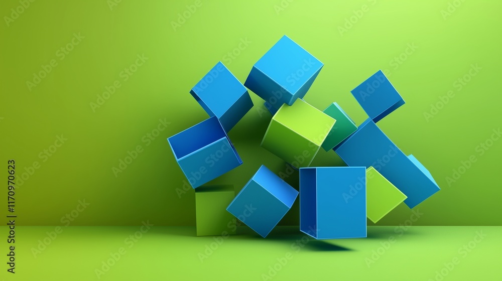 Aufkleber 3d rendering of vibrant blue and lime green abstract shapes on a rich green background. the design e