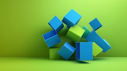 3D rendering of vibrant blue and lime green abstract shapes on a rich green background. The design emphasizes a centered negative space, creating a striking contrast with the vivid colors.