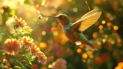 Obraz premium AI-rendered hummingbird drinking nectar from vibrant flowers, amidst soft green and golden tones.