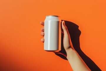Hand Holding White Aluminum Soda Can Against Vibrant Orange Background