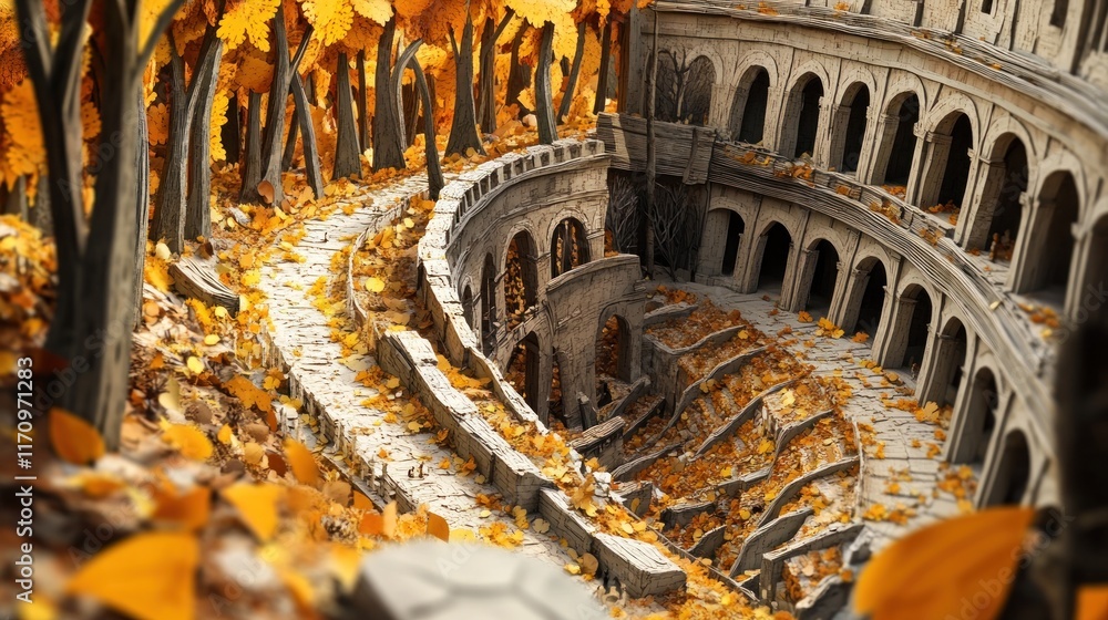 Poster autumn leaves cover a path leading to an ancient amphitheater nestled within a forest.