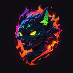 Neon Feline Fury: A vibrant digital artwork of a fierce, stylized cat engulfed in fiery, neon hues.