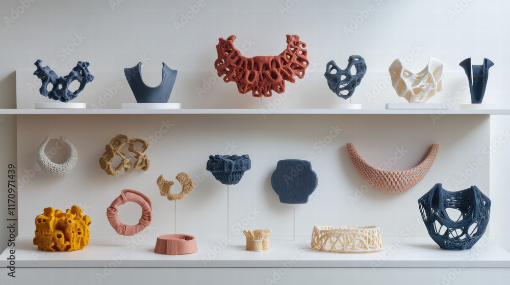 Poster collection of 3d printed accessories displayed on shelf, showcasing intricate designs and various co
