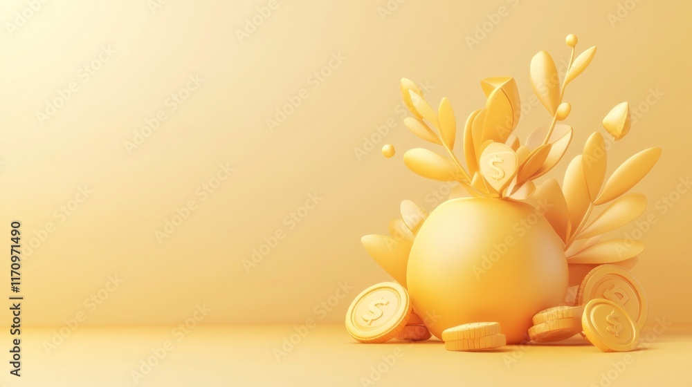 Aufkleber abstract 3d rendering of a yellow sphere with coins and plants, symbolizing growth and financial pro