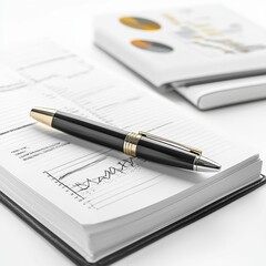 Naklejka premium business plan market scaling Notebook and pen on a clean workspace.