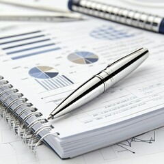 business plan market scaling Stylish pen on notebook with charts and graphs.