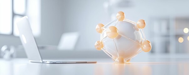 business plan market scaling 3D molecular model beside a laptop on a white desk.