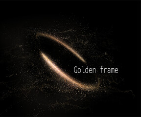 Isolated golden oval frame with sparkling tinsel on black background, design element.